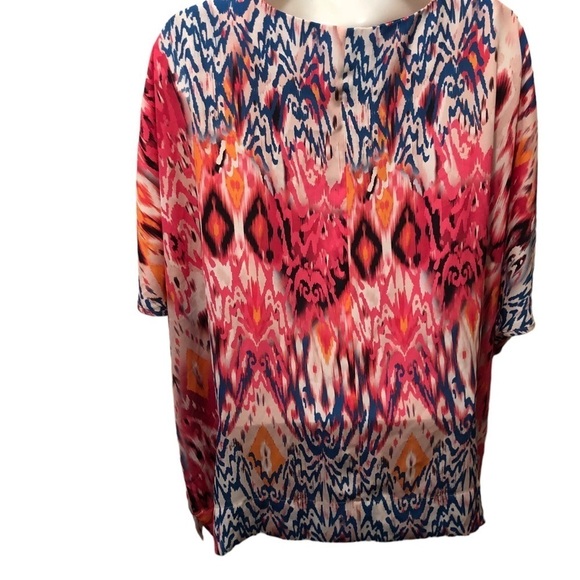 Chico’s Ikat-Print Split-Neck Blouse 3XL Dolman Sleeve Bright Colors Chiffon - Picture 4 of 9